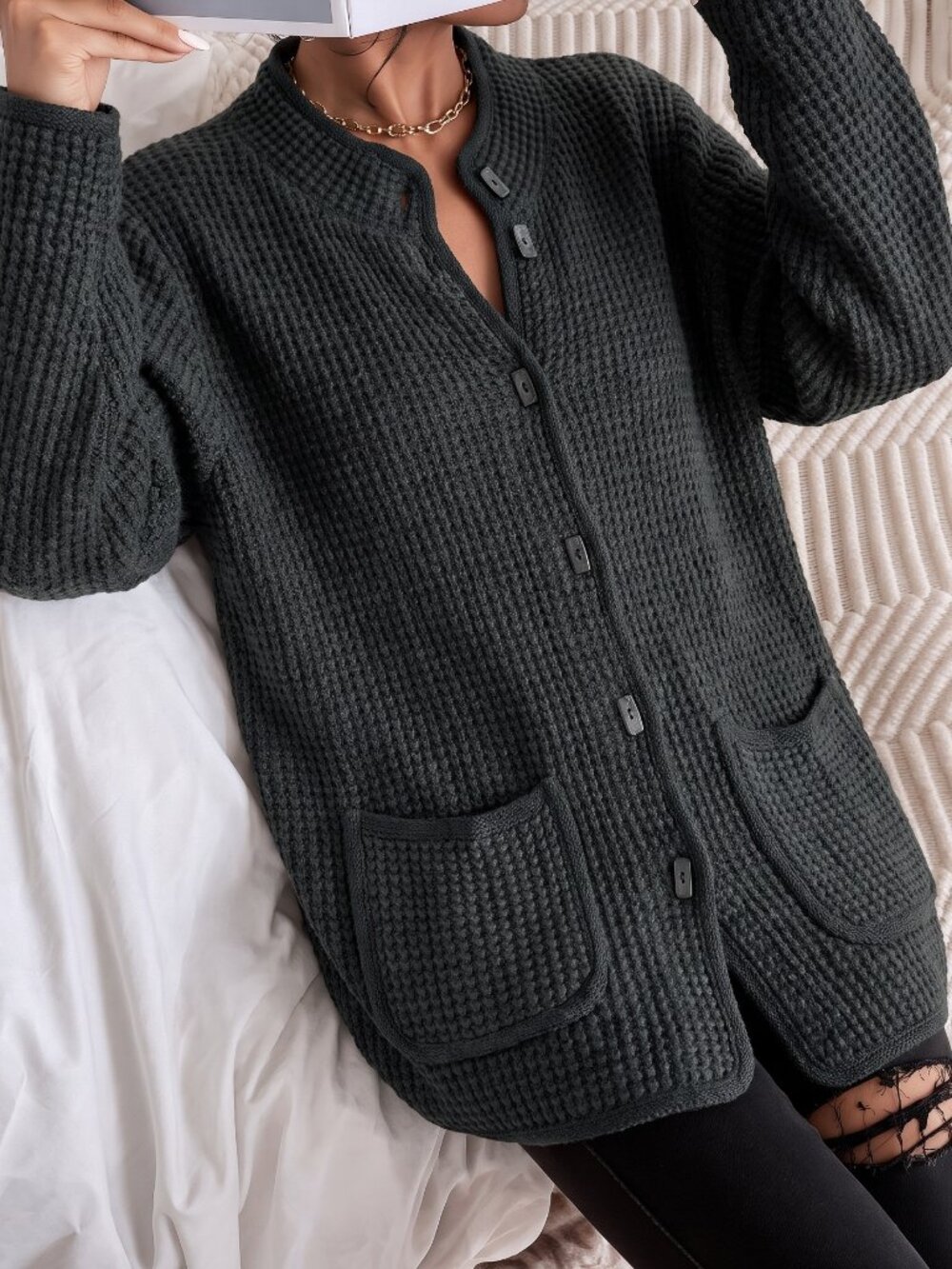 Focus Black Waffle Mandarin Collar Jacket